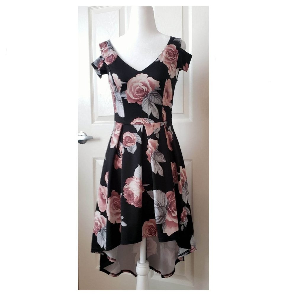Charlotte Russe Rose Print Floral V-neck Cold Shoulder High Low Dress